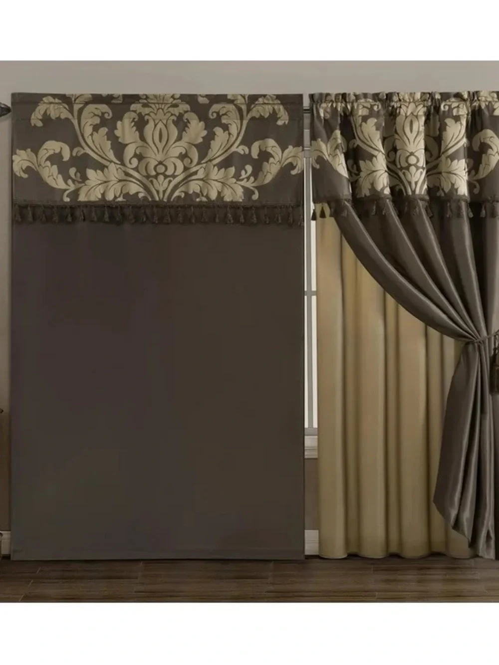 Elegant Two-Tone Tassel Valance Curtain Panel in Brown and Beige